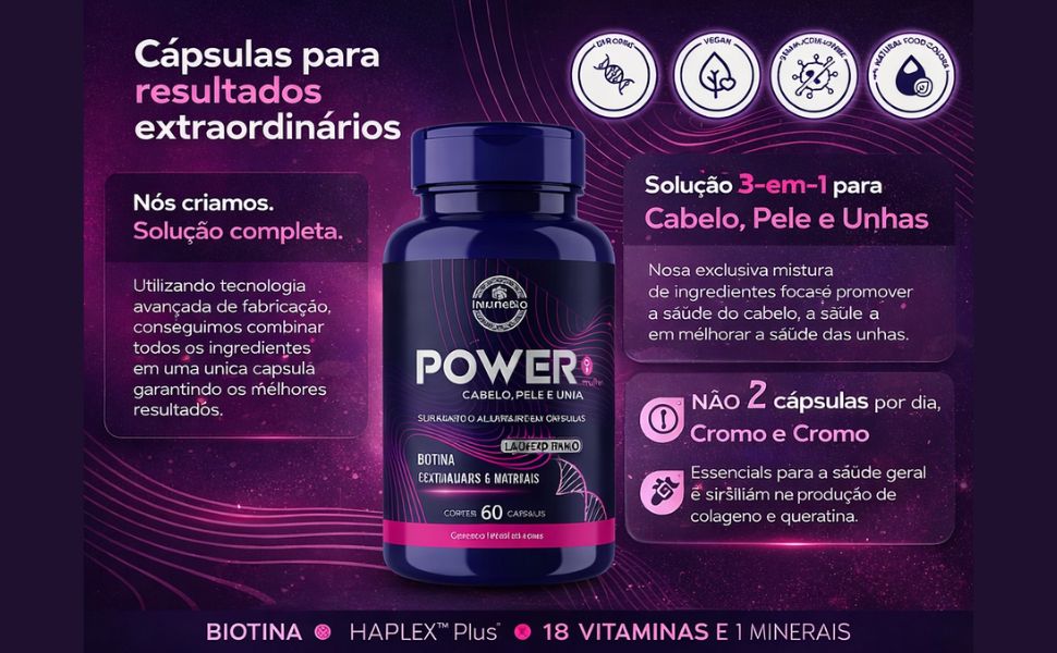 Power Mulher - Cabelo Pele Unha Premium - 18 Vitaminas e Minerais - 60 Caps