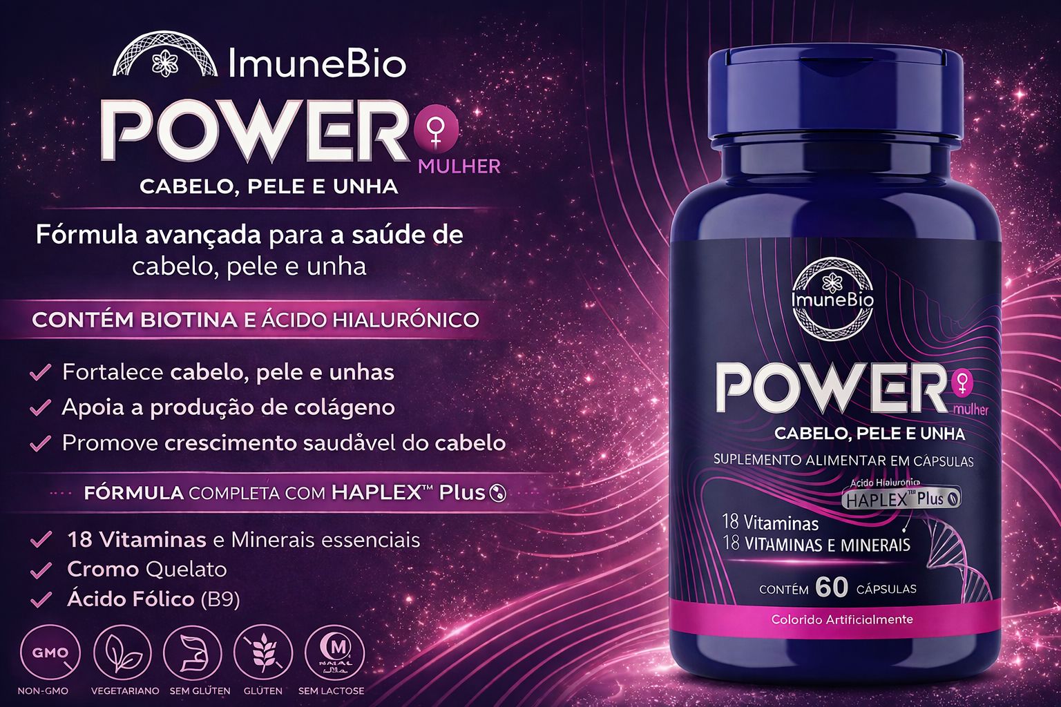 Power Mulher - Cabelo Pele Unha Premium - 18 Vitaminas e Minerais - 60 Caps
